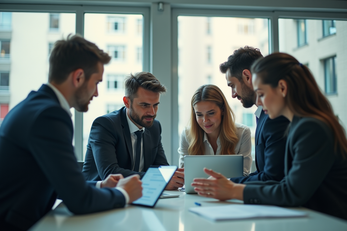 Groupe de professionnels discutant finances en banque moderne