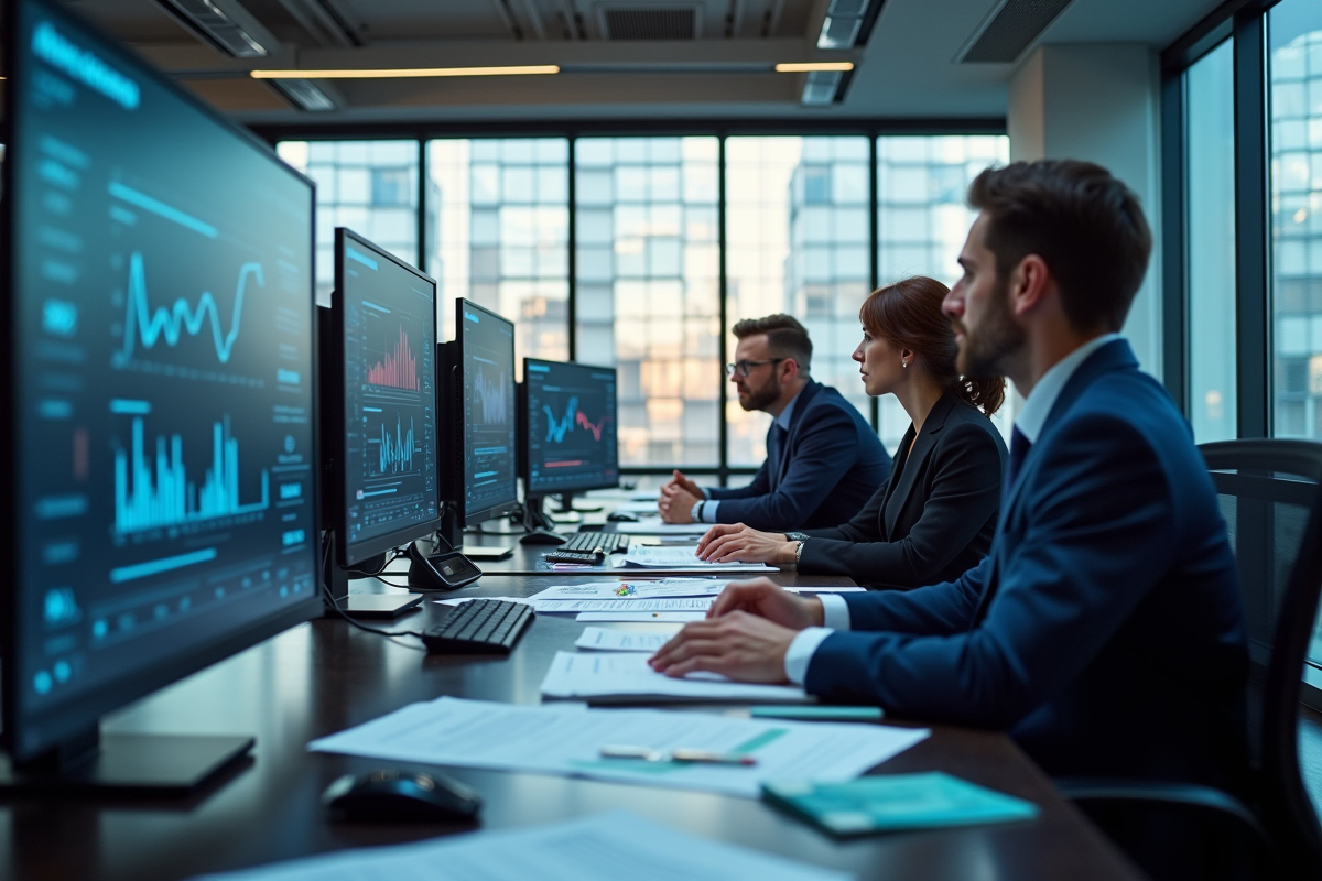 Professionnels financiers analysant des graphiques en bureau