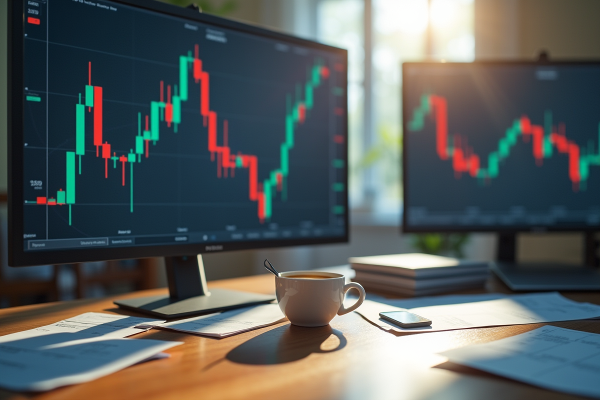 Espace de trading avec écrans affichant des graphiques de cryptomonnaies en chute