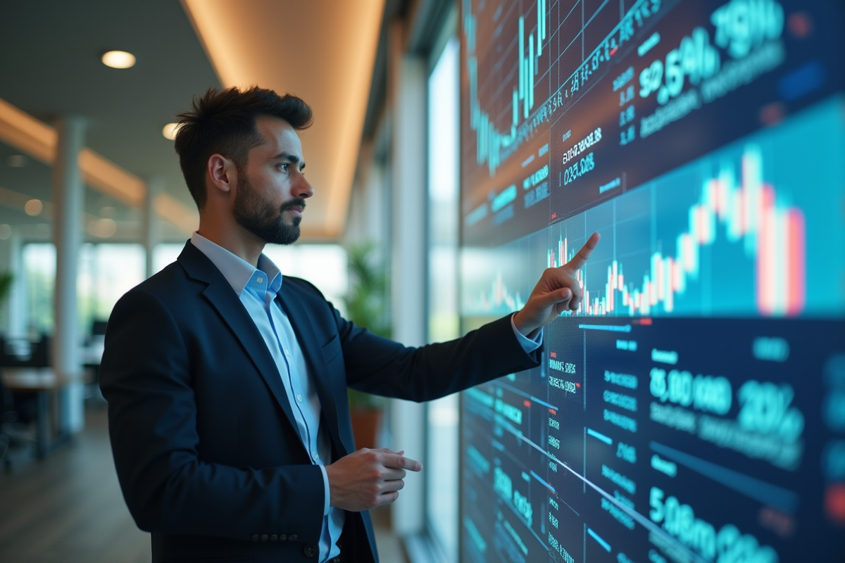Cadre confiant analysant des graphiques financiers modernes