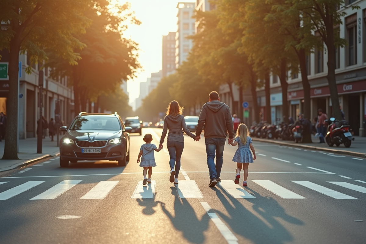 Une famille traversant prudemment une rue animée en ville en journée