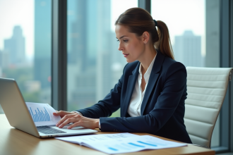 Femme d'affaires analysant un rapport financier dans un bureau moderne