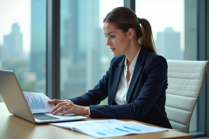 Femme d'affaires analysant un rapport financier dans un bureau moderne