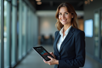 Femme d'affaires souriante avec graphique financier en main