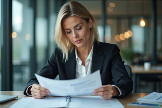 Femme d'affaires examine des documents financiers au bureau