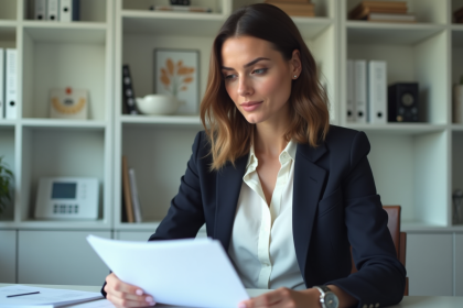 Femme professionnelle examinant des documents d'assurance au bureau