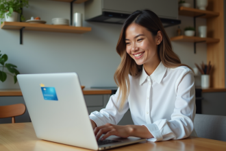Jeune femme utilisant son ordinateur pour banque en ligne