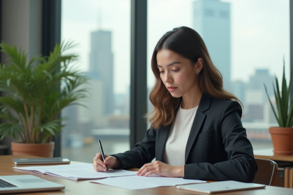 Jeune femme en bureau gestion documents titre