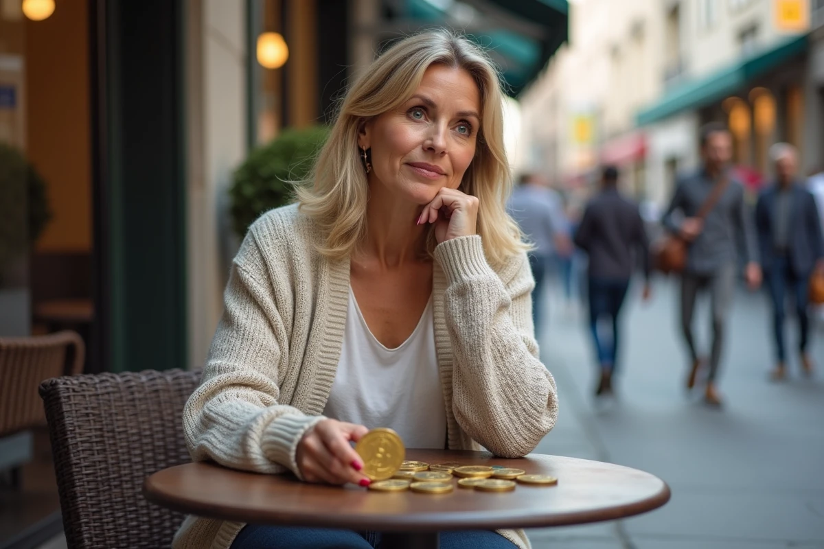 Femme tenant des pièces de cryptomonnaie à un café en ville