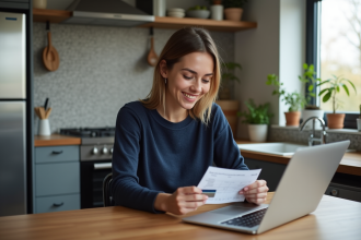 Femme assise à la cuisine compare reçu et carte bancaire