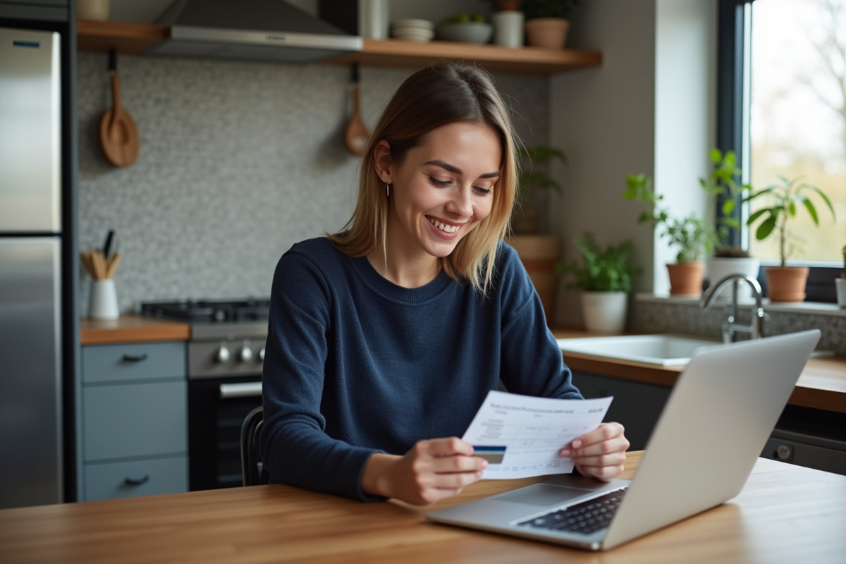 Femme assise à la cuisine compare reçu et carte bancaire