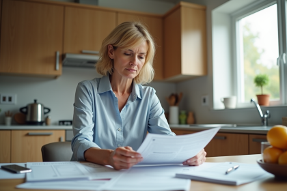 Femme d'âge moyen examinant des documents de prêt immobilier