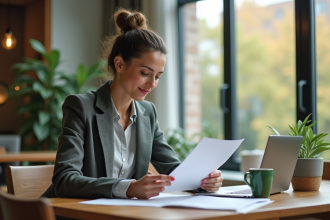 Femme professionnelle lit des papiers de prêt immobilier dans un appartement moderne