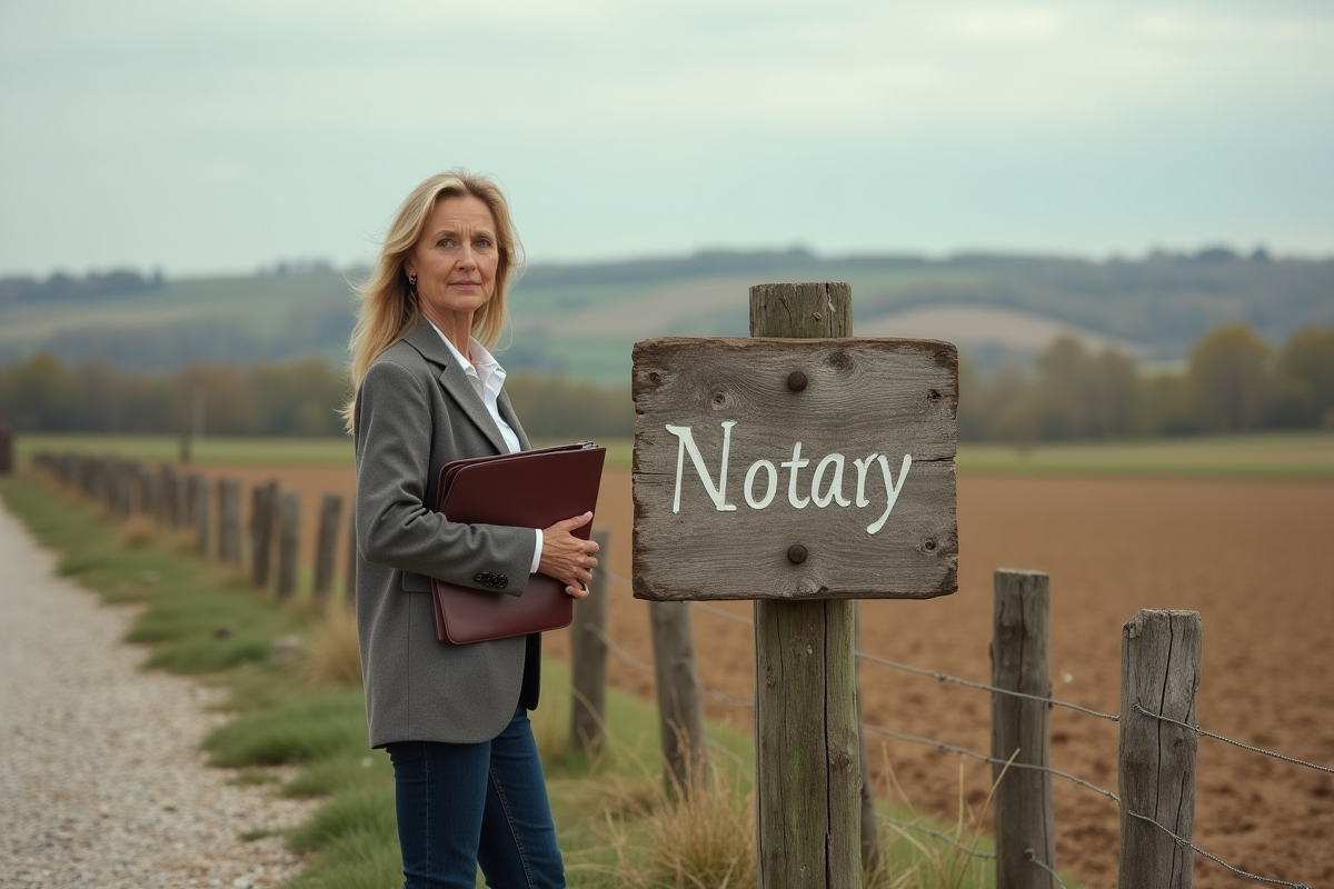 Femme d'âge moyen avec dossier près d'un panneau notaire à la campagne