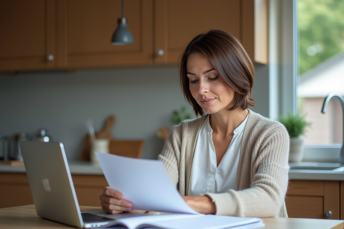 Femme d'âge moyen avec documents et ordinateur à la maison