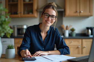 Femme souriante vérifiant documents de prêt à la maison