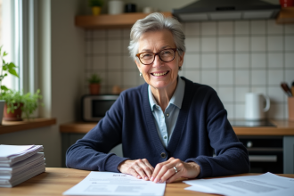 Femme d'âge moyen organise ses papiers de retraite à la maison