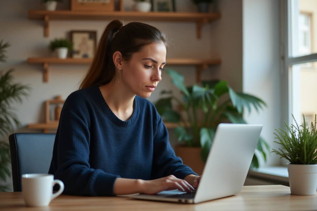 Femme paramétrant les alertes de notifications sur un ordinateur portable dans un bureau à domicile moderne