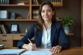 Femme professionnelle en bureau avec documents et livres juridiques