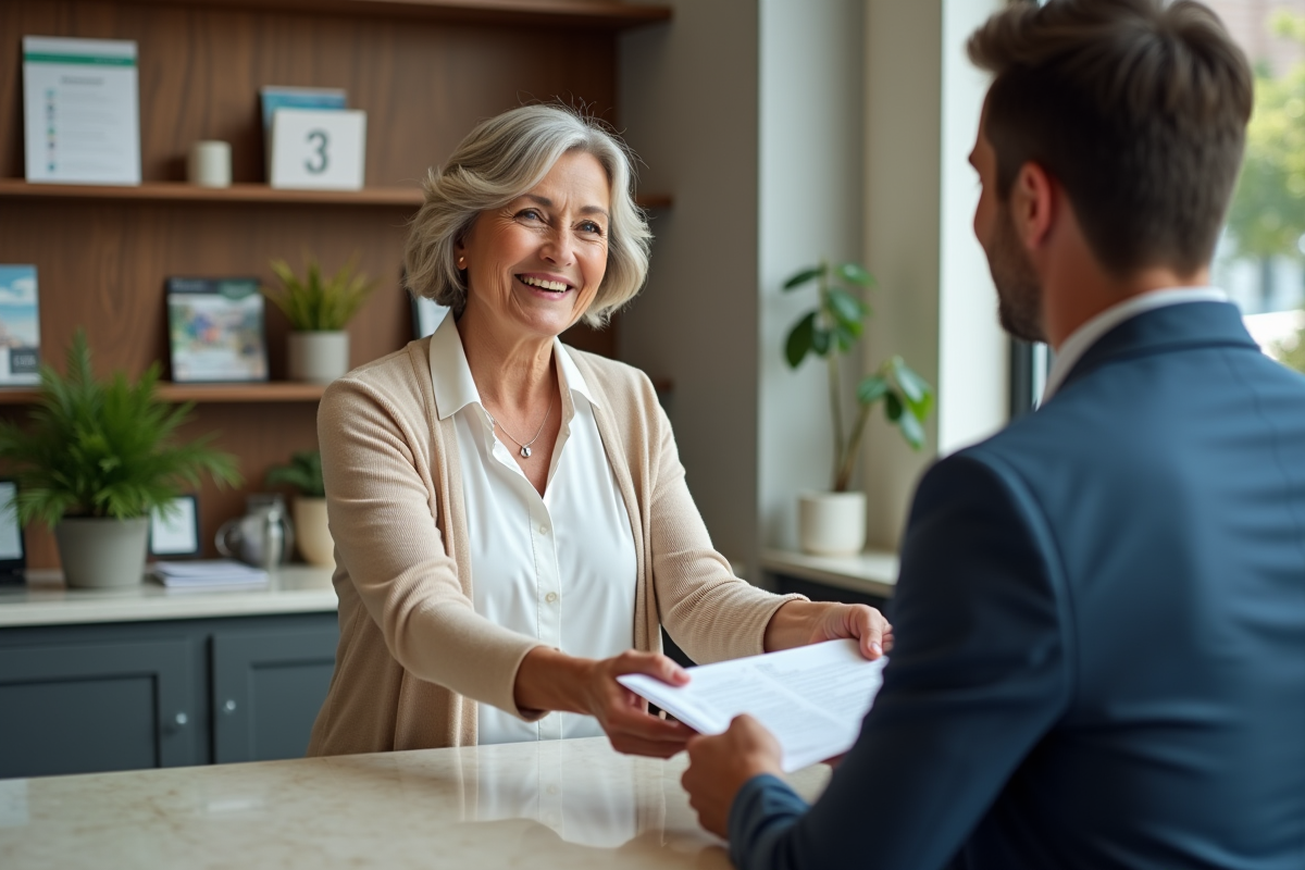 Femme retraitée remettant des documents à un conseiller bancaire