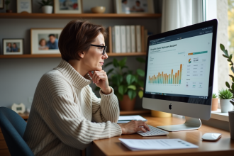 Femme réfléchissant devant son ordinateur dans un bureau à domicile