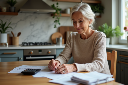 Femme mature examinant documents de retraite à la maison