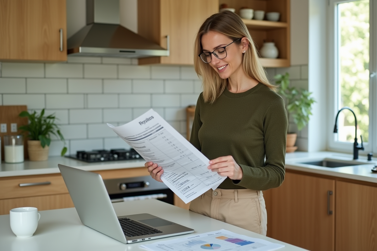 Femme dans la cuisine examinant des rapports ETF imprimés