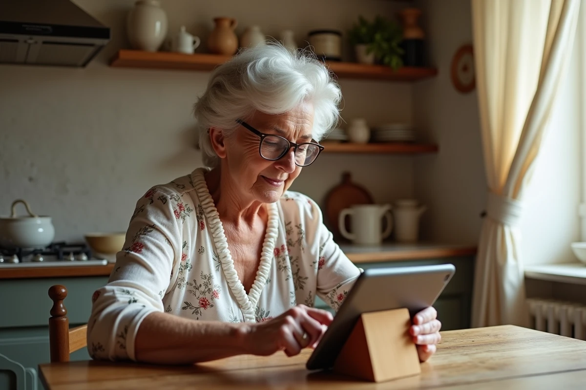 Femme senior paramétrant les alertes d'actualité sur une tablette dans une cuisine provinciale française traditionnelle