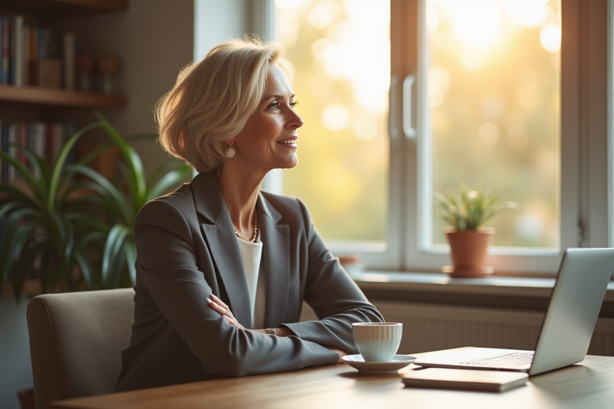 Femme professionnelle regarde par la fenetre lumineuse