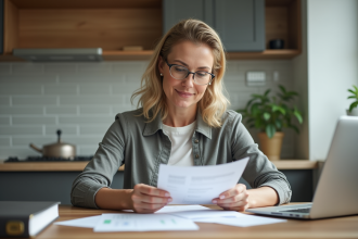 Femme d'âge moyen examine un document dans une cuisine moderne