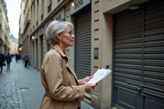 Femme en trench regardant une banque fermée à Paris