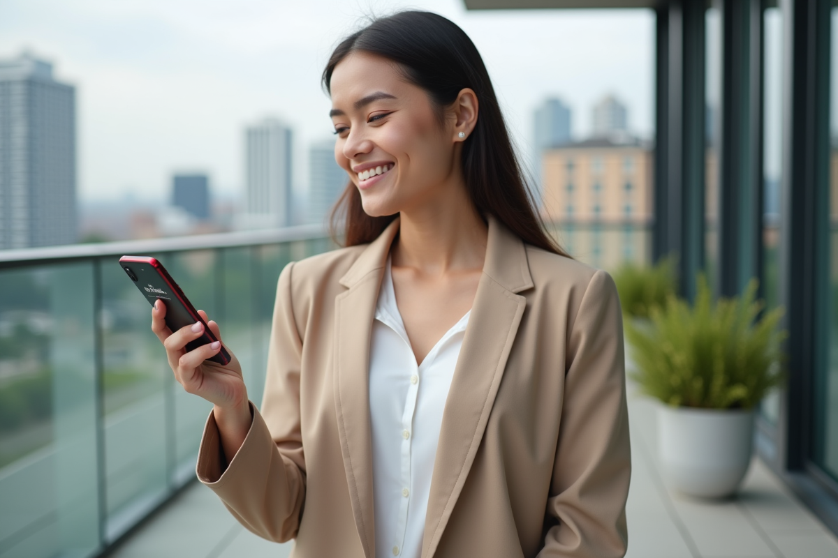 Jeune femme avec smartphone affichant un portefeuille Solana en extérieur