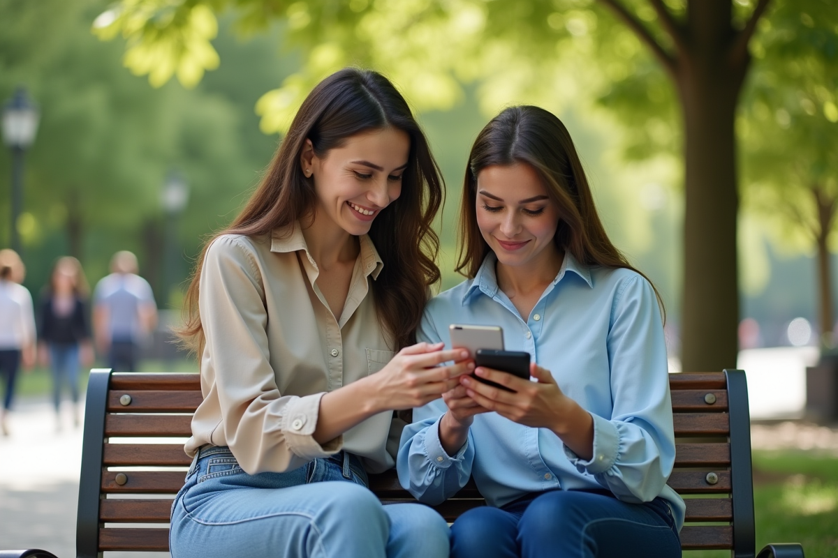 Deux femmes discutant d’un paiement sur smartphone dans un parc