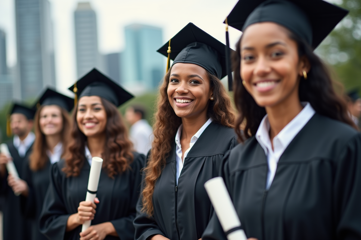 Groupe de diplômés célébrant en extérieur