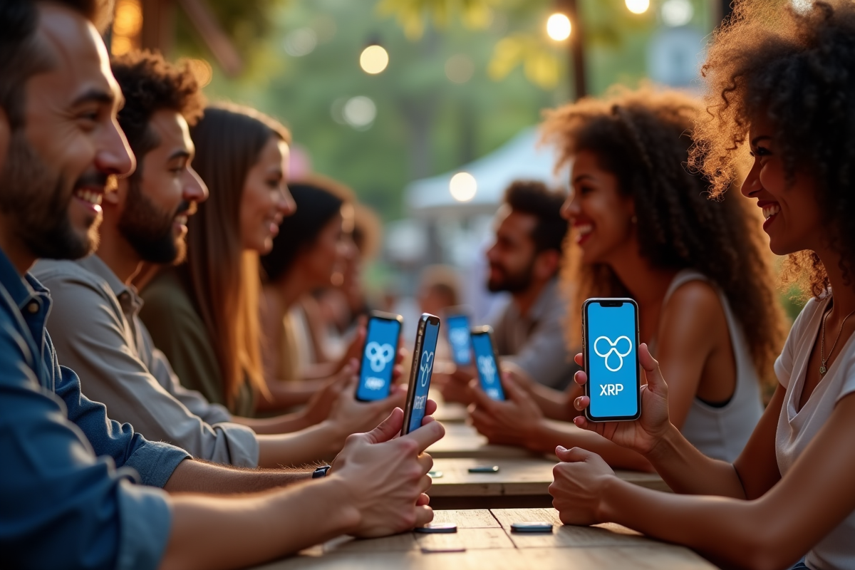 Groupe diversifié au café tenant des téléphones avec logo XRP en journée
