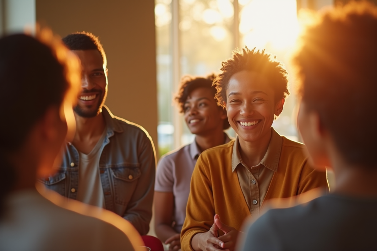 Groupe divers en discussion dans un centre communautaire lumineux