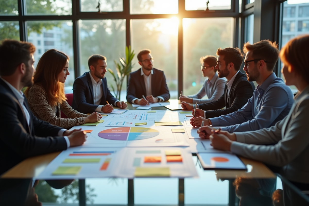 Groupe de professionnels analysant une matrice BCG dans un bureau lumineux