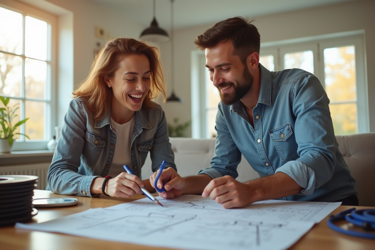 Propriétaire souriant avec un électricien dans un salon lumineux