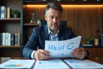 Homme d'affaires lisant un rapport financier dans un bureau