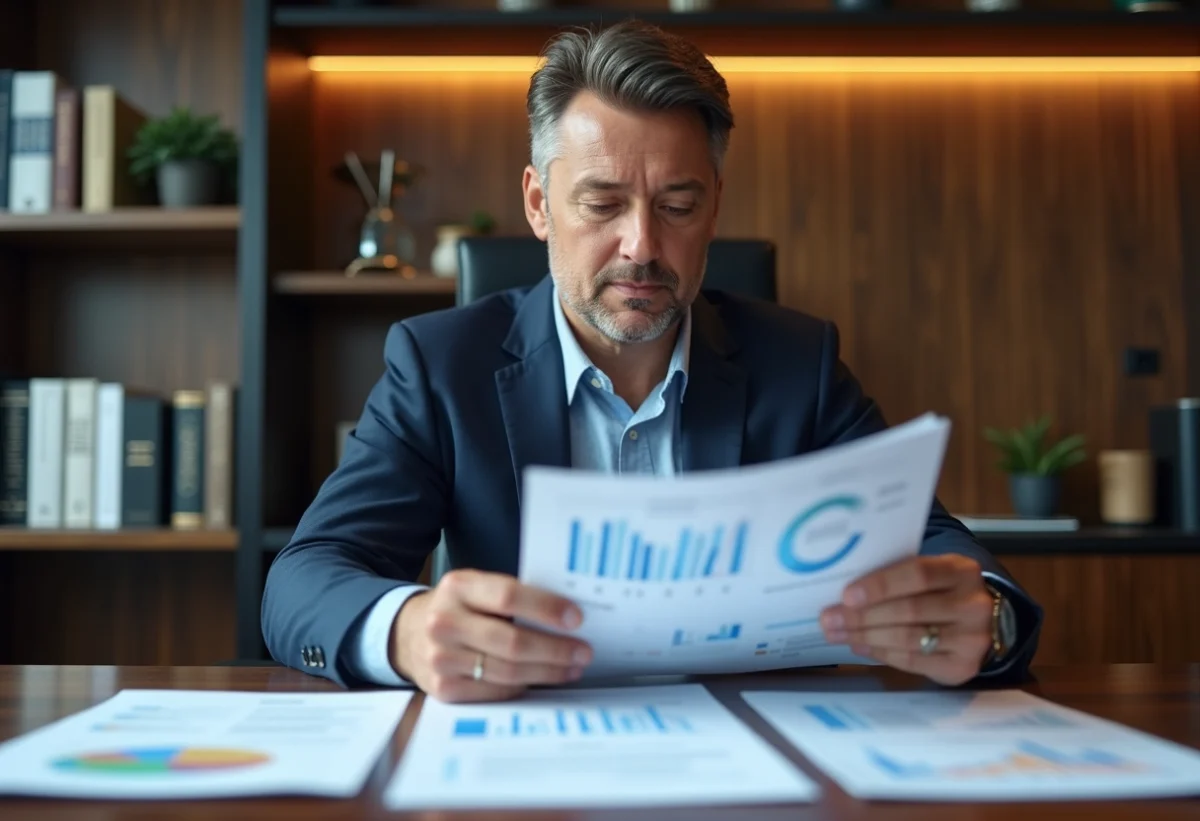 Homme d'affaires lisant un rapport financier dans un bureau