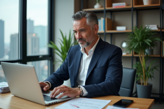 Homme d'affaires en costume bleu sur un bureau moderne