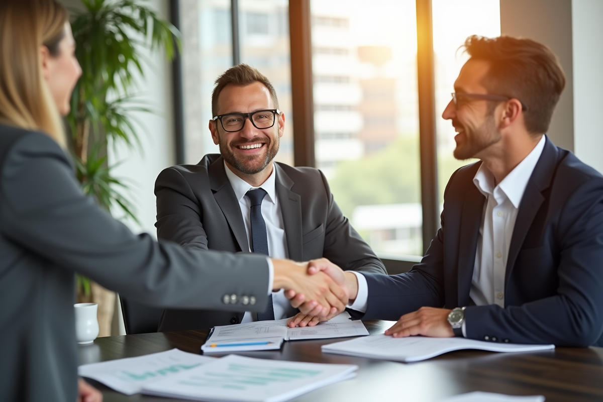 Homme d'affaires souriant tenant une facture dans un bureau lumineux