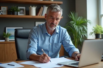 Homme d'âge moyen examinant des documents d'assurance dans un bureau moderne