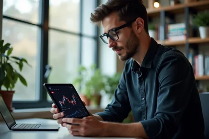 Jeune homme regardant des graphiques crypto sur tablette