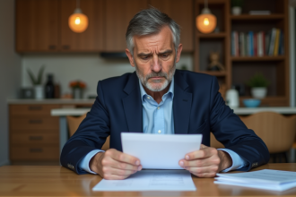 Homme d'âge moyen examinant des documents financiers à la maison