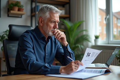 Homme d'&acirc;ge moyen en chemise bleue examine des documents financiers