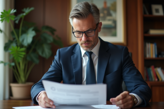 Homme d'âge moyen en costume bleu lisant des documents financiers