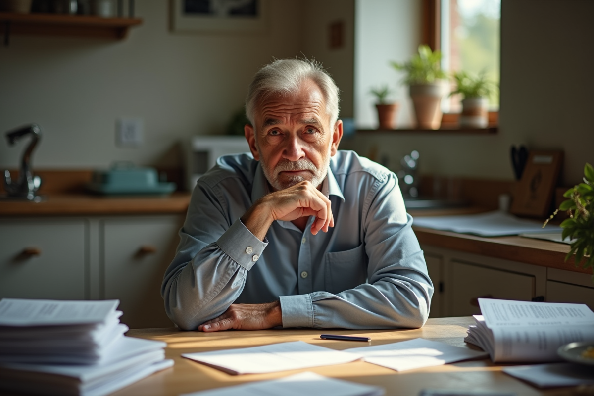 Homme age assis pensif avec papiers dans la cuisine