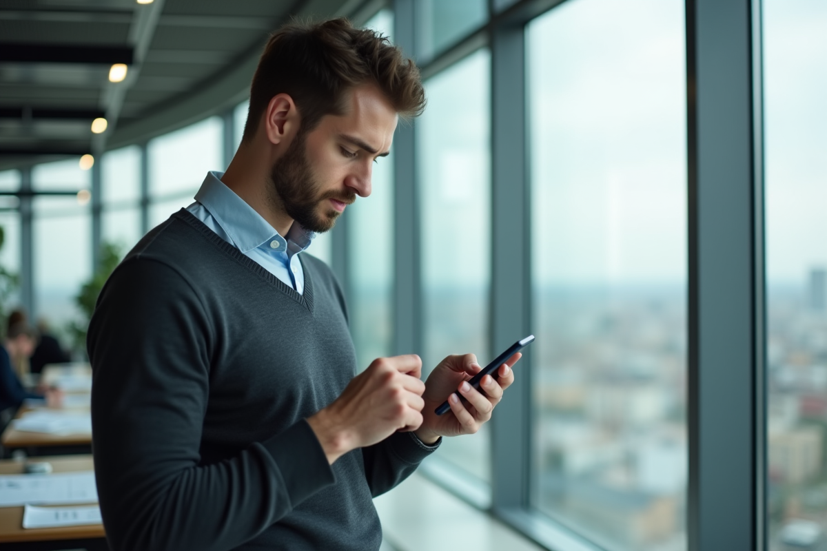 Jeune homme vérifiant ses paiements de prêt au bureau
