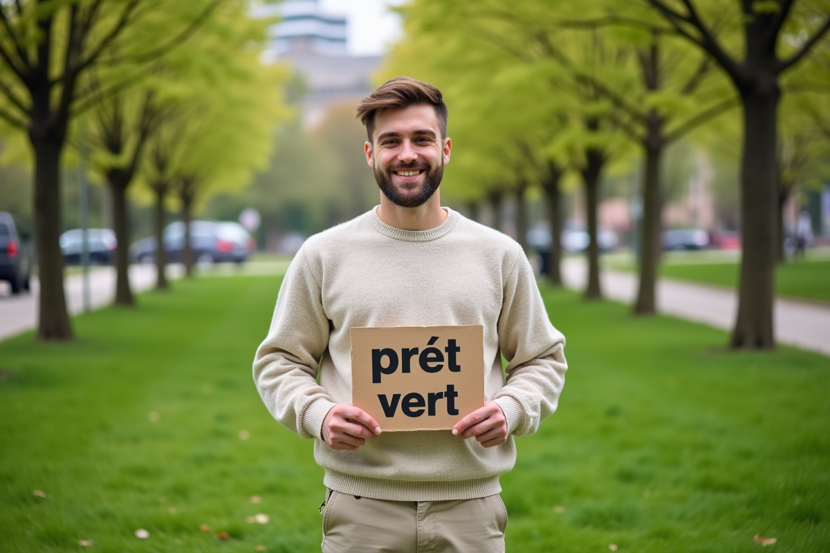Jeune homme souriant dans un parc avec un panneau prêt vert